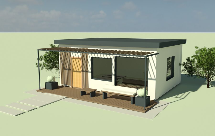 One-story garden ADU with a pergola and deck