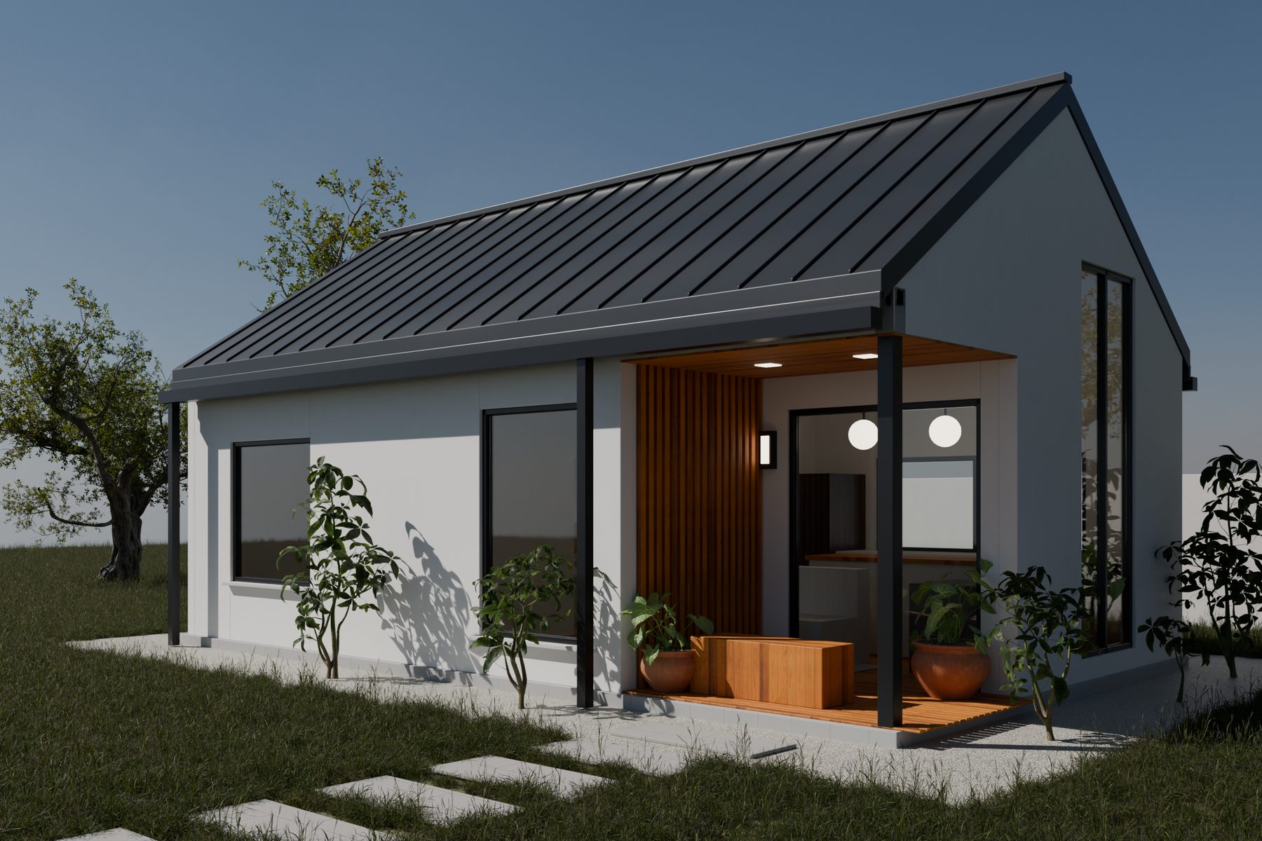 Rendering of a one-story ADU with a black standing-seam gable roof, white stucco walls and a recessed cedar porch
